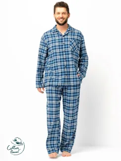 Piżama męska Key MNS 492 flanelowa w kratkę niebieską M-2XL - 2